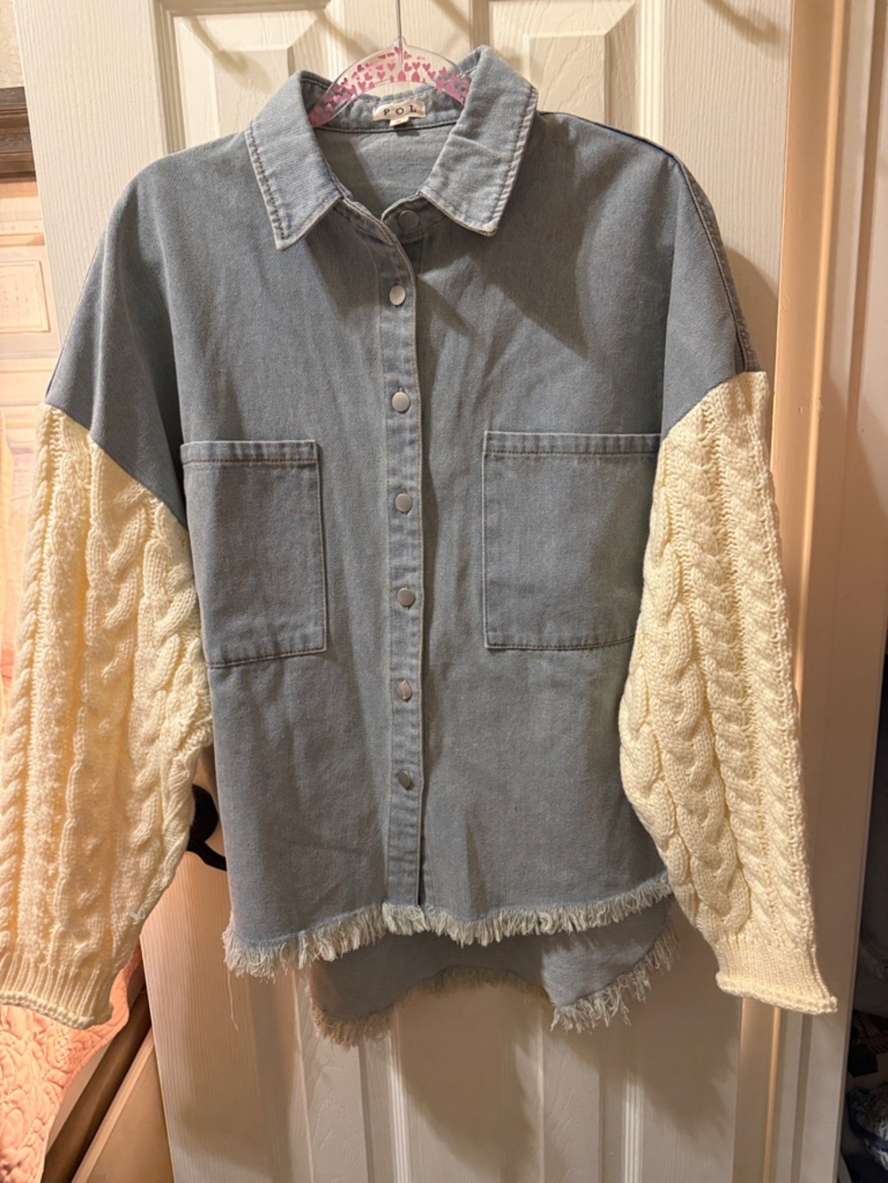 POL Denim Button-Front Shirt Jacket with Cream Cable-Knit Sleeves